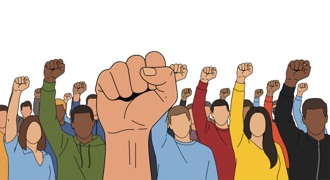 A diverse group of determined people from various backgrounds raise their clenched fists together in a powerful display of unity and collective social action.