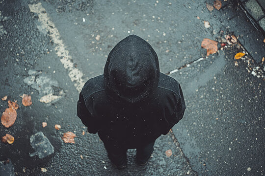 Top view of a hooded person standing alone on wet asphalt