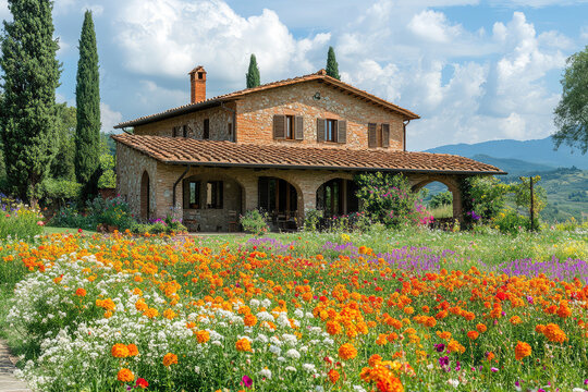 Rustic stone country house above a blooming wildflower meadow