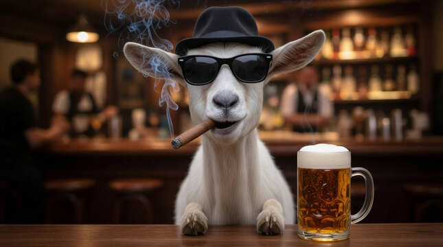 Goat wearing sunglasses and hat sitting at bar with beer mug  