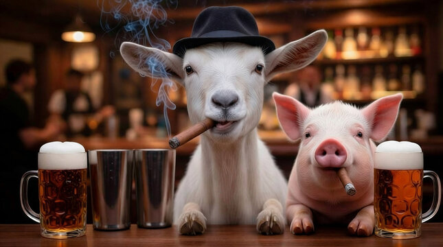 Goat and pig smoking cigars and enjoying beer at bar counter  