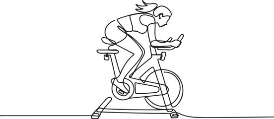 Fototapeta premium Single one line drawing woman is intensely cycling on stationary bike, bent forward over handlebars, cardio endurance and dynamic gym workout. one line Icon drawing