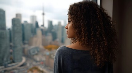 Plakat A woman in profile contemplates the expansive modern city skyline view from an indoor window