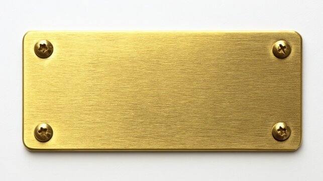 Blank gold metal name plate with screws isolated on white background