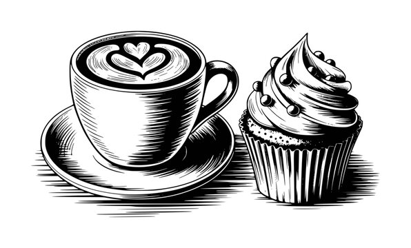 Black and white of coffee cup with latte and decorated cupcake white background heart