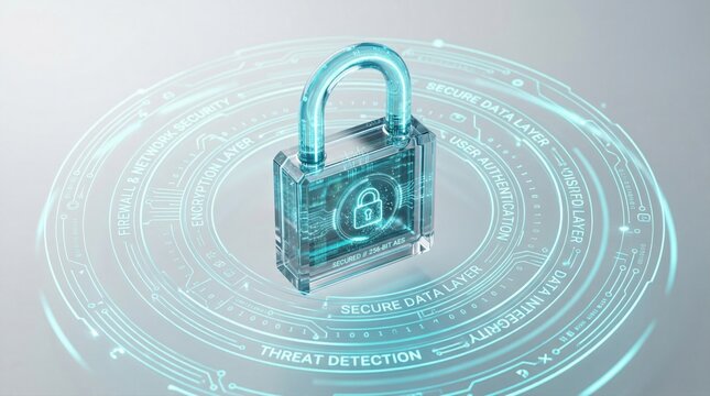 Digital security and data protection padlock icon on futuristic technological background