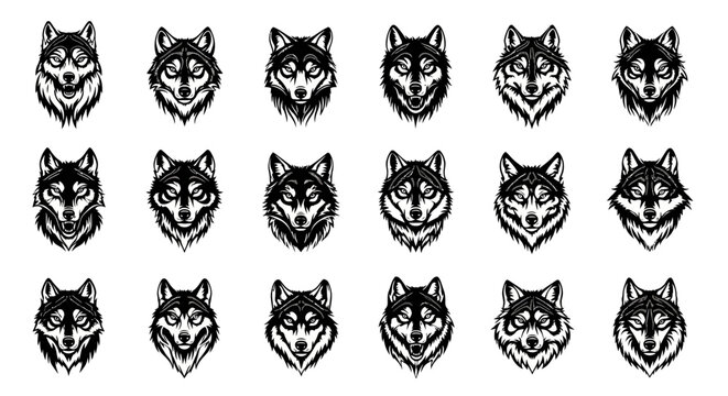Collection of stylized wolf head illustrations in black and white vector art featuring diverse expressions and detailed fur textures isolated on a white background for graphic