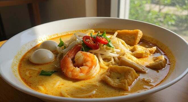 Delicious asian noodle soup with shrimp eggs tofu in a bowl