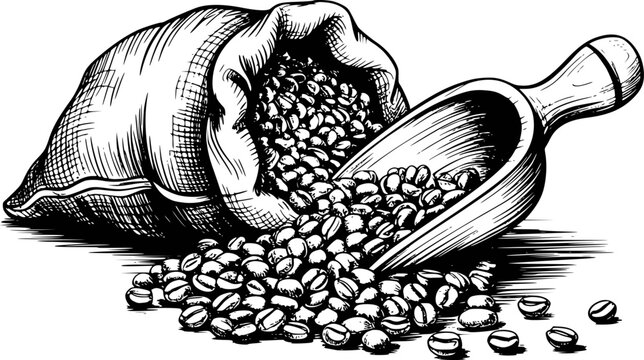 Hand-drawn of burlap coffee bean bag spilling onto wooden scoop white background