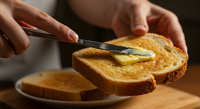 Spreading butter on toast close up food preparation