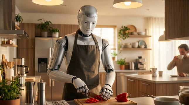 Humanoid Robot Wearing Apron Chopping Red Bell Pepper on Cutting Board in Modern Kitchen with Man in Background AI Domestic Chef Cooking Concept Photography