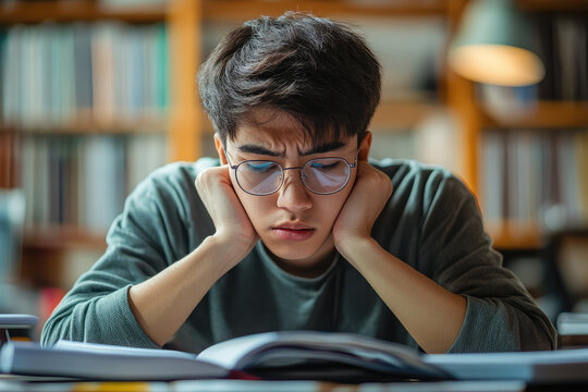 Tired student with glasses studying with a book in a library