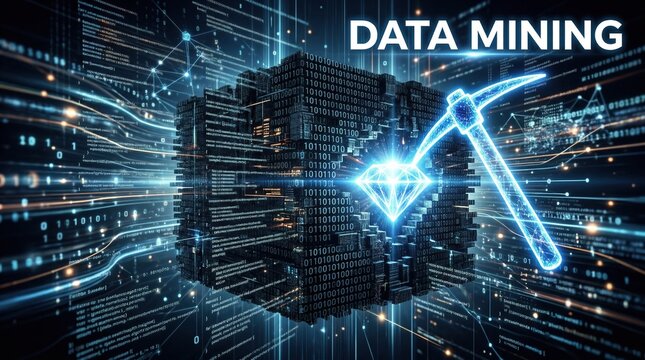 Abstract digital cube with glowing neon lines and a pickaxe striking a diamond, symbolizing data mining and big data analytics in technology