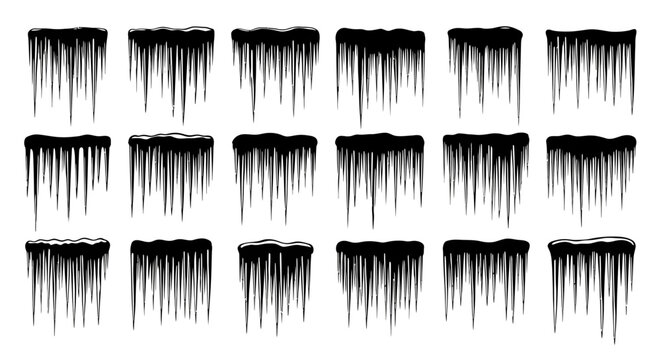 Collection of diverse black silhouette icicles hanging down with sharp points and varied lengths isolated on a clean white background representing winter and cold weather