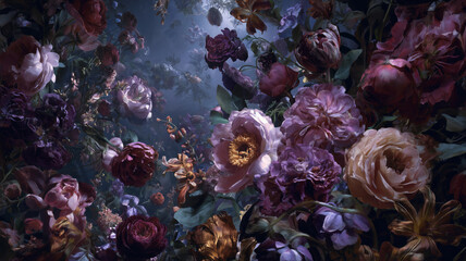 Naklejka premium Flowers on a dark background. Botanical luxury floral wallpaper 