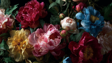 Naklejka premium Flowers on a dark background. Botanical luxury floral wallpaper 