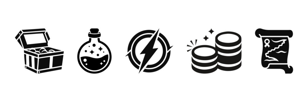 Fantasy game icon set with treasure chest, potion bottle, lightning emblem, coin stacks and treasure map scroll, bold black silhouettes in a horizontal row.