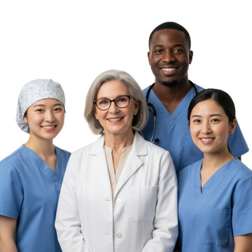 Diverse medical team of doctors and specialists in lab coat and scrubs posing together against a transparent background in a professional unity atmosphere