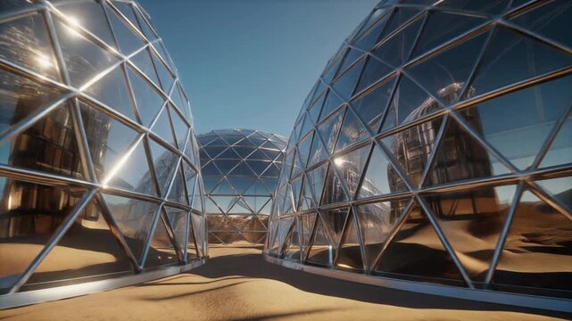 Futuristic geodesic domes reflecting sunlight in a vast desert landscape, symbolizing advanced sustainable habitats for human colonization and research in extreme environments