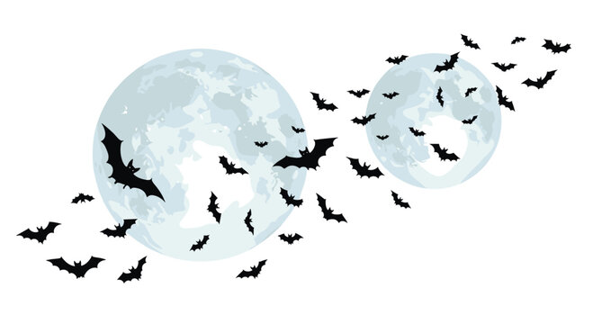 A vast swarm of tiny black bat silhouettes migrates across the luminous surfaces of two large detailed moons against a clean and bright white background space.