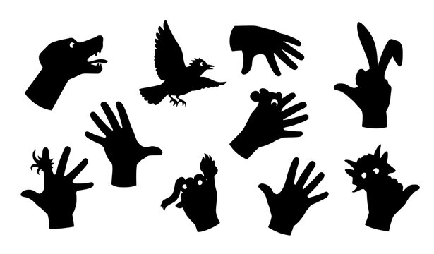 Playful hand shadow puppet animal vector collection with creative finger gesture silhouettes