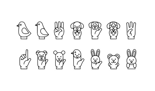 Minimal hand puppet animal icon vector set with simple finger gesture outline silhouettes