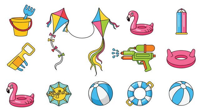Summer beach toys with kite flamingo float water gun bucket ball and life ring vector illustration