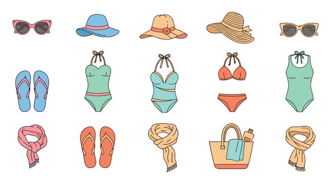 Beach accessories grid pastel sunglasses flipflops hat bag towel vector illustration