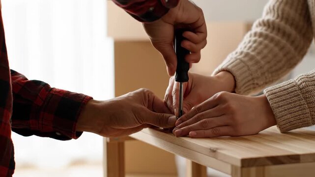 Hands assembling furniture in a new home, symbolizing shared life milestones and quiet cooperation in a minimal modern interior.