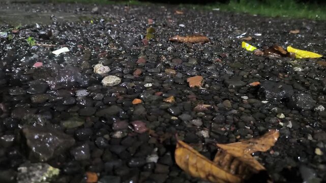 Close-up footage of raindrops falling gently on a wet gravel surface during light rain. The scene captures the calming and natural atmosphere of a drizzle, with visible water splashes and scattered le