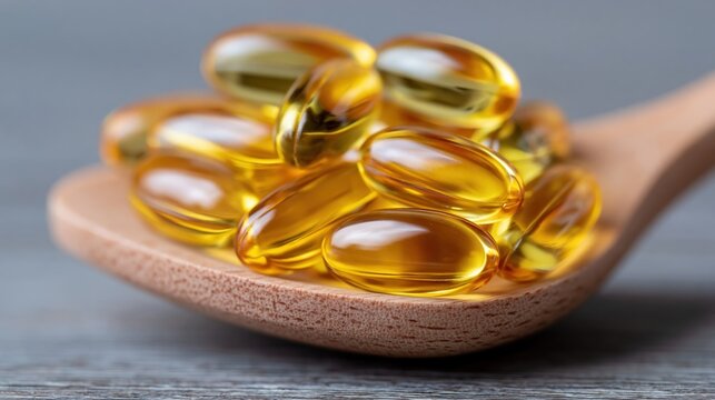 Omega 3 fish oil capsules on wooden spoon representing healthy supplements and diet for wellness