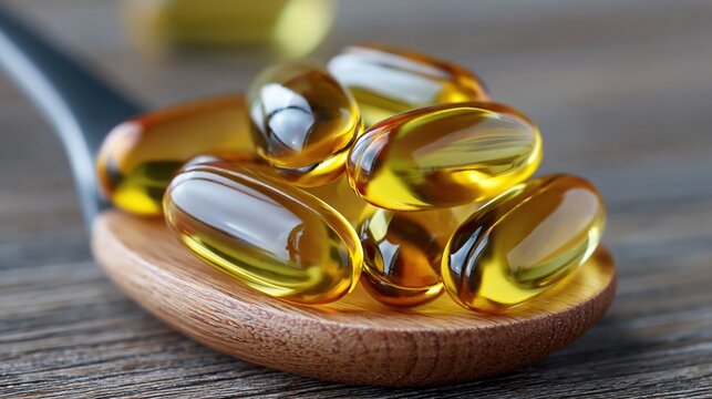 Omega 3 fish oil softgels on a wooden spoon, representing health, nutrition, and dietary supplements