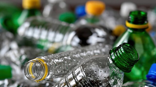 Used plastic bottles with colorful caps ready for recycling, promoting environmental protection and waste management