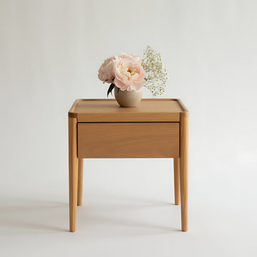 A small wooden table holds a vase with pink flowers on top in a minimalist indoor setting with nnn (57).png