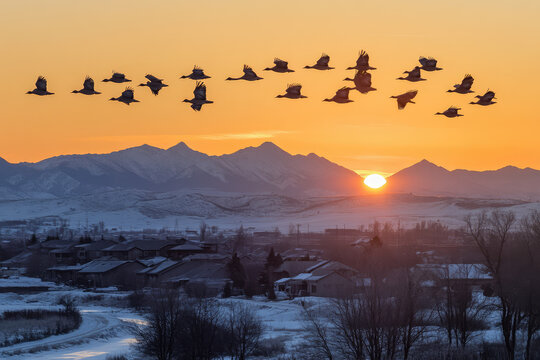 Flock of birds flying over snowy mountains at sunset