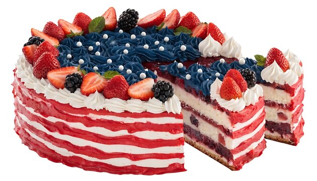 Patriotically decorated American flag cake festive dessert With shadow cut out isolated on white background. AI GENERATED.