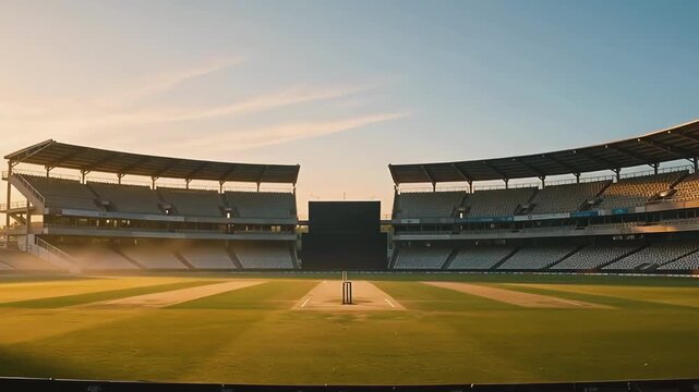 Atmospheric cinematic view of round cricket stadium field with stands in warm tones. Empty sports facility with gates on pitch.