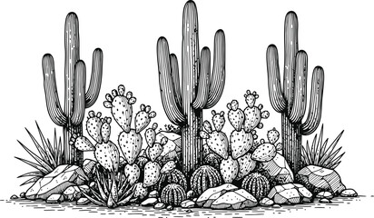 Desert flora composition with cacti and rocks in a detailed line drawing style for natural themes © Ishtiaq
