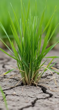 Stubborn green crabgrass blades emerging aggressively from dry soil, symbolizing difficult garden maintenance and agricultural problems, destruction, nature, damage
