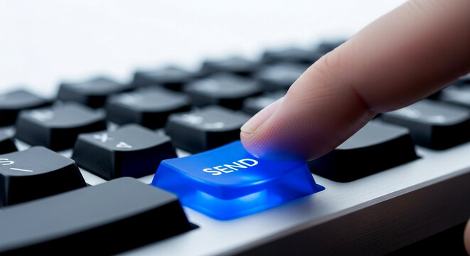 Finger pressing glowing blue send button on keyboard symbolizing digital communication and sending