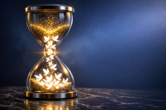 Hourglass with golden particles transforming into glowing white doves symbolizing ceasefire diplomacy peace treaty negotiation hope transformation time international relations accord
