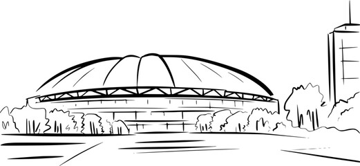 Of a modern dome stadium and tall building with trees, isolated white architecture © Hasnat
