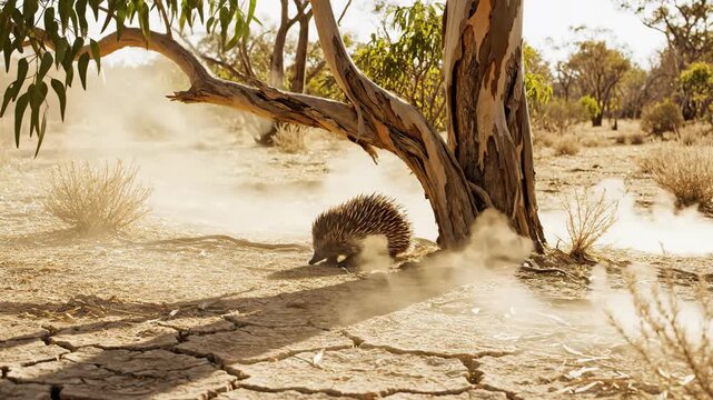 Solitary Echidna Hunkers Down Beneath Eucalyptus Tree in Arid Landscape