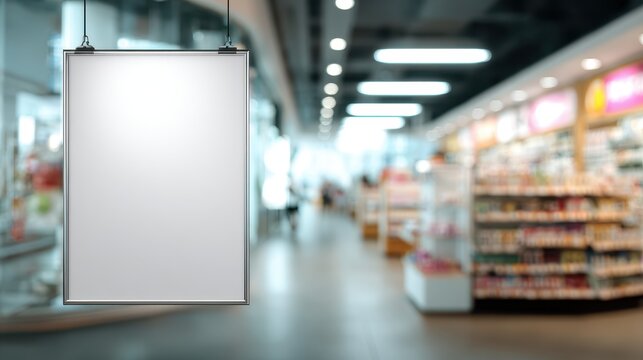 Stunning photo of blank vertical poster mockup hanging in a blurred pharmacy or retail store interior.