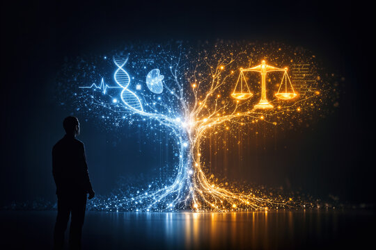 Shift from General AI to Expert Intelligence holographic tree bifurcating into medical DNA helix and legal scales DSLM domain specific language model specialized intelligence future technology