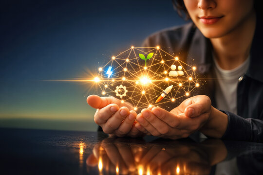 World Youth Skills Day concept glowing hologram of hands holding neural network of skills sparks growth gear paintbrush human connection future potential education workforce training UN awareness
