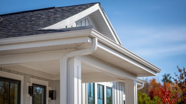 Stunning photo of gutter guard system featuring white framing, gray fascia, soffit, and drip edge on a pitched roof attic of a high-end single-family residence.