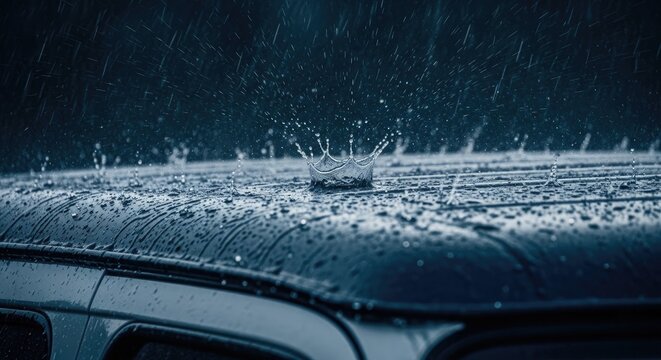 Raindrops Splashing on Car Roof During Storm.