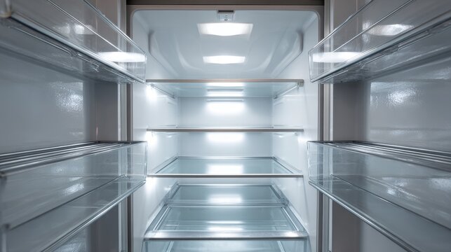 Stunning photo of interior view of a clean empty refrigerator with bright lighting and glass shelves.