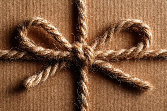 Gift wrapped with rope knot on brown paper background for special occasions and celebrations